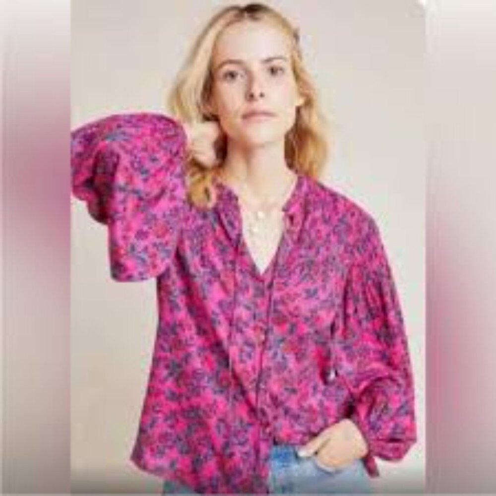 Maeve | Anthropologie Calais Pink Fuschia Floral Smocked Long Sleeve Peasant Blo